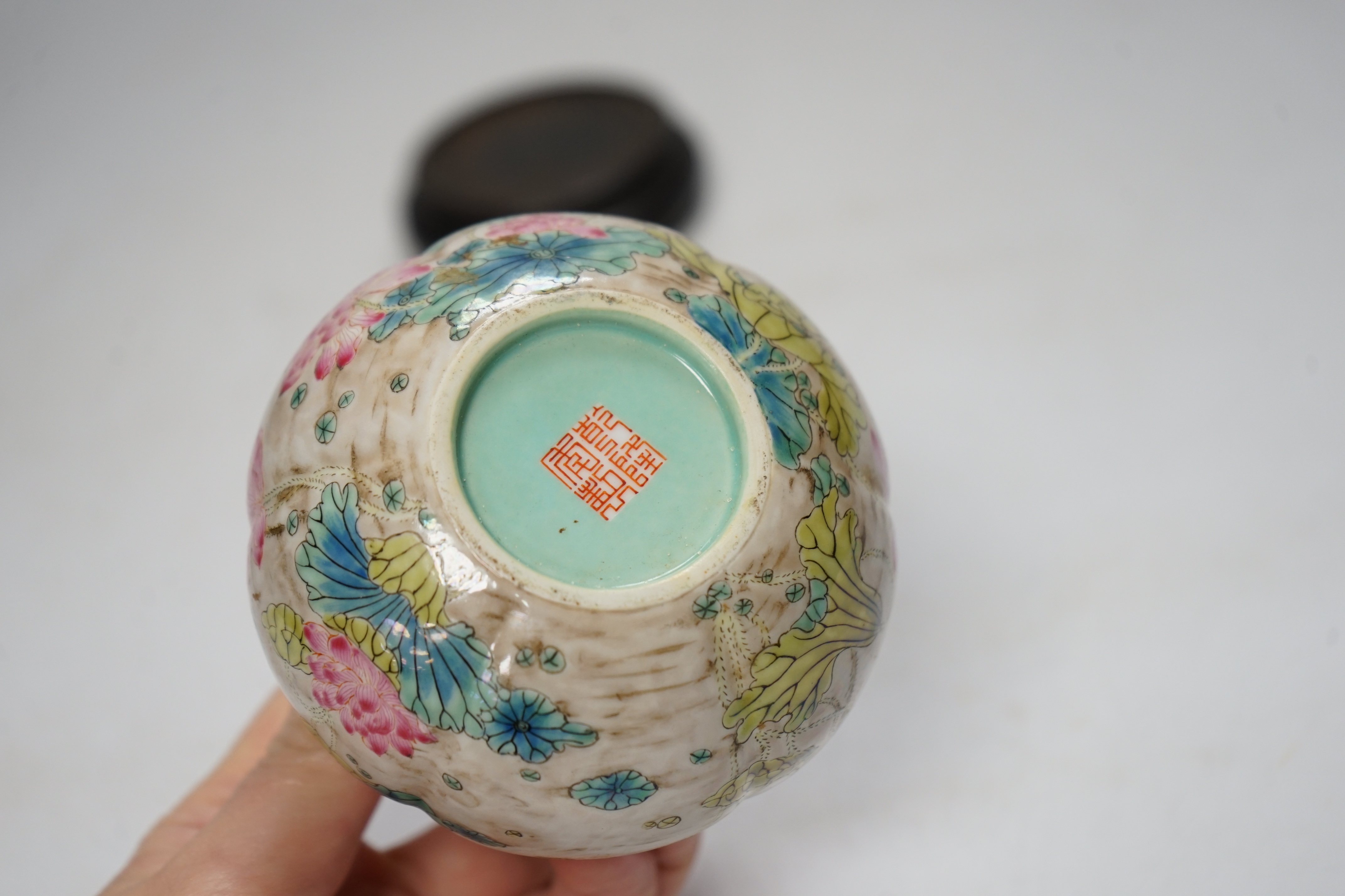 A Chinese famille rose water pot, Qianlong mark but later, on hardwood stand 9cm
